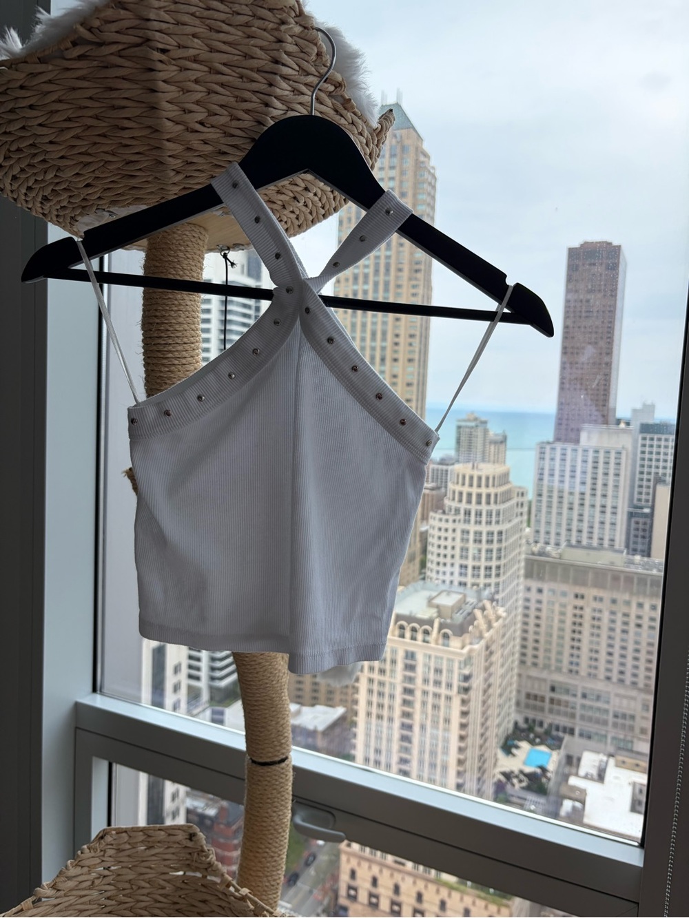 Zara White Stud-Trim Crossback Tank Top